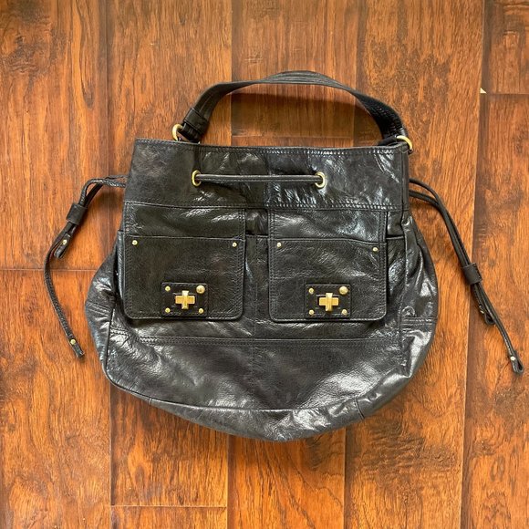 Juicy Couture Black Genuine Leather Hobo Shoulder Bag Purse Y2K Vintage Gold - Picture 1 of 8
